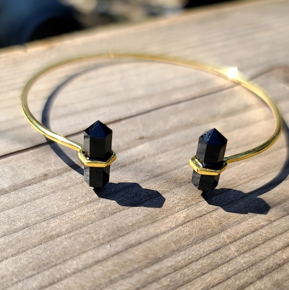 Black Onyx dual points gemstone Sterling &Gold bangle - Picture 7 of 7